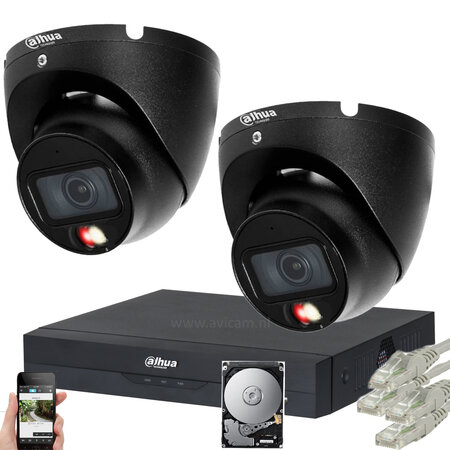 Dahua PoE Camerasysteem 6MP - 2 Zwarte IP Camera's met Gekleurd Nachtzicht