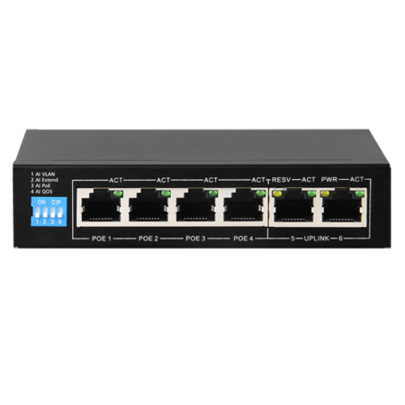 PoE switch 4 poorten en 2 uplink poorten Safire SF-SW0604POE-60