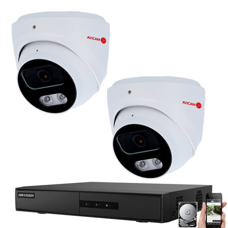 5MP PoE Turret IP Hikvision camerabewaking set met 2 Avicam buiten camera's.
