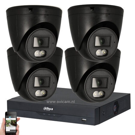Dahua OEM IP Camerabewaking Set met 4 Zwarte 2MP Turret Camera's - PoE voor Buiten