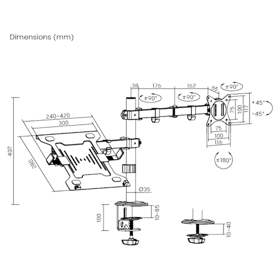 LDT66-C024ML Monitorarm en PC-houder - Bureauklem - 17-32 inch - Max 9 kg - VESA