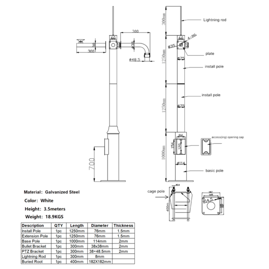 Modulaire Cameramast POLE-350-D - 3,50m Wit - IP65 Gegalvaniseerd Staal