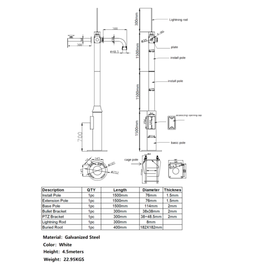Cameramast POLE-450-D - Modulaire Camerapaal 4,5m - Wit Gegalvaniseerd Staal
