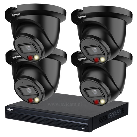 Dahua zwarte 8MP camerasysteem met 4 Dual Light Wizsense Turret PoE IP camera's incl. microfoon.
