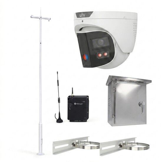 Bouwplaatsbeveiliging Set met UNV 8MP 180 graden POE camera, 6 meter cameramast en 4G mobiele router.