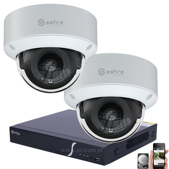 Safire Smart IP PoE Camerasysteem 4MP - Vandaalbestendig met 2 Dome Camera's