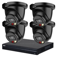 Dahua zwarte 8MP camerasysteem met 4 Dual Light Wizsense Turret PoE IP camera's incl. microfoon.