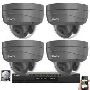 IP PoE 4MP Netzwerk UTP Safire Kamerasystem mit 4 dunkelgrau Dome Kameras und internes Mikrofon. IP PoE 4MP Netzwerk UTP Safire Kamerasystem mit 4 dunkelgrau Dome Kameras und internes Mikrofon.